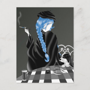 Hund & Dame im Café Blue Hair Postkarte