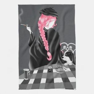 Hund & Dame im Café Pink Hair Tea Towel Geschirrtuch