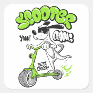 Hund, der auf einem Roller fährt Quadratischer Aufkleber
