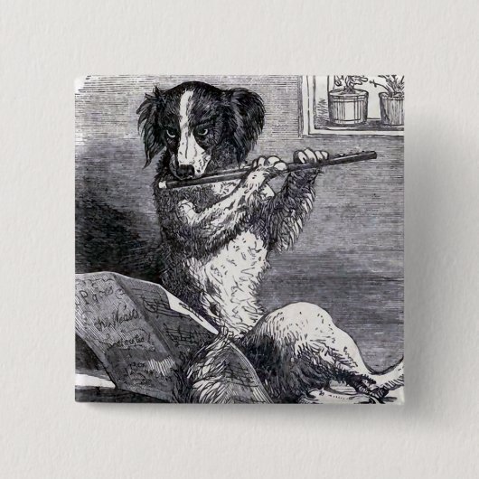 "Hund, der die Flöten-" Vintage Illustration Button (Vorderseite)