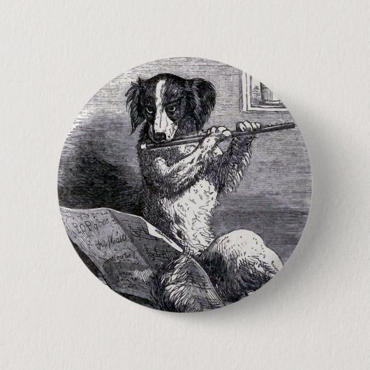 "Hund, der die Flöten-" Vintage Illustration Button (Vorderseite)