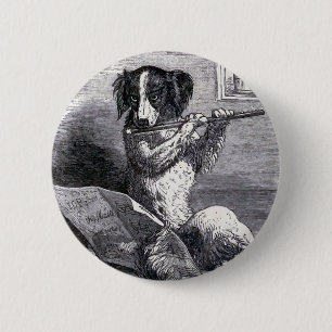 "Hund, der die Flöten-" Vintage Illustration Button