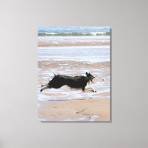 Hund, der einen Ball am Strand jagt Leinwanddruck
