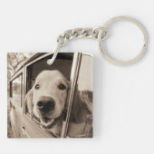 Hund, der heraus ein Auto-Fenster späht Schlüsselanhänger (Rückseite)
