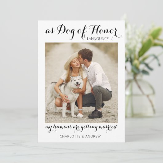 Hund Ehrenretter Hochzeit Moderne Foto Verlobung Ankündigung (Stehend Vorderseite)
