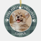 Hund ERSTE CHRISTMAS Green Buffalo Kariert Keepake Keramik Ornament (Vorne)