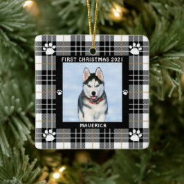Hund ERSTE CHRISTMAS Schwarz-weiße Karierte Paw Pr Keramikornament
