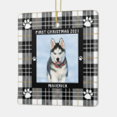 Hund ERSTE CHRISTMAS Schwarz-weiße Karierte Paw Pr Keramikornament (Links)