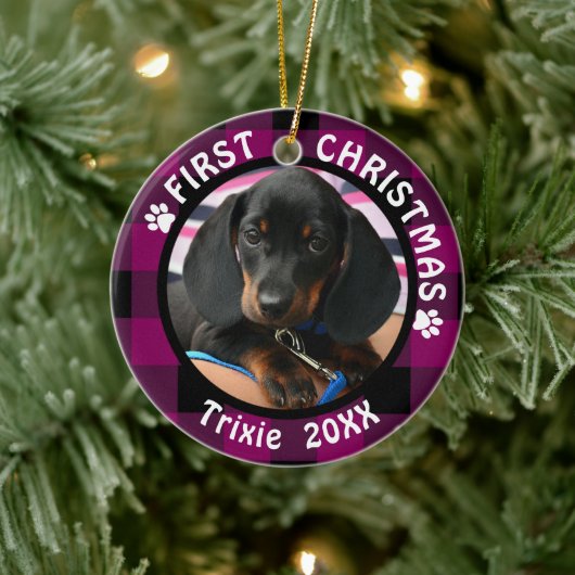 Hund Erste Weihnachten 2-Foto Rosa und Schwarz Kar Keramikornament (Baum)