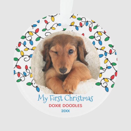 Hund Erste Weihnachtsbeleuchtung Welpen Foto Ornament (Vorderseite)