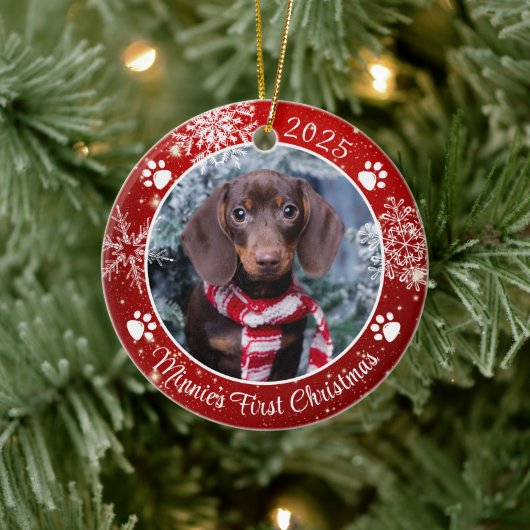 Hund Erste Weihnachtsschneeflocke Foto Red White Keramik Ornament (Baum)