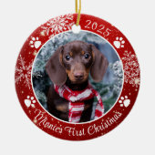 Hund Erste Weihnachtsschneeflocke Foto Red White Keramik Ornament (Vorne)