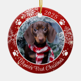 Hund Erste Weihnachtsschneeflocke Foto Red White Keramik Ornament