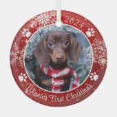 Hund Erste Weihnachtsschneeflocke Foto Red White Ornament Aus Glas (Vorderseite)