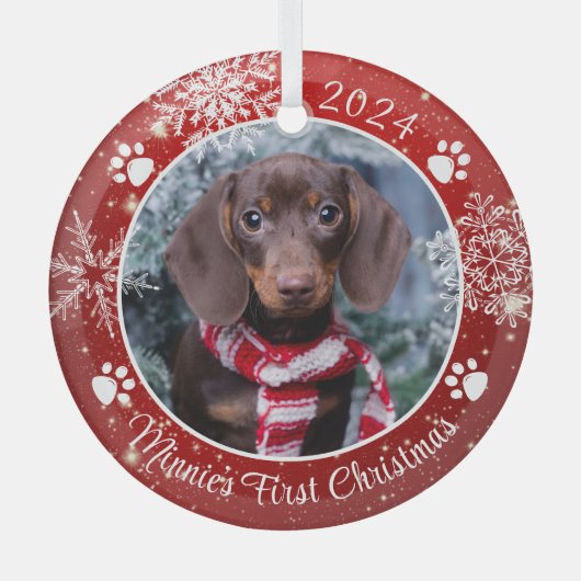Hund Erste Weihnachtsschneeflocke Foto Red White Ornament Aus Glas (Vorderseite)