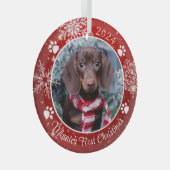 Hund Erste Weihnachtsschneeflocke Foto Red White Ornament Aus Glas (Vorderseite Rechts)