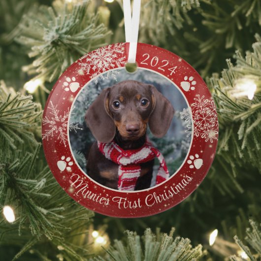 Hund Erste Weihnachtsschneeflocke Foto Red White Ornament Aus Glas (InSitu)