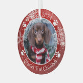 Hund Erste Weihnachtsschneeflocke Foto Red White Ornament Aus Glas (Vorderseite links)
