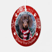 Hund Erste Weihnachtsschneeflocke Foto Red White Ornament Aus Metall (Vorderseite links)