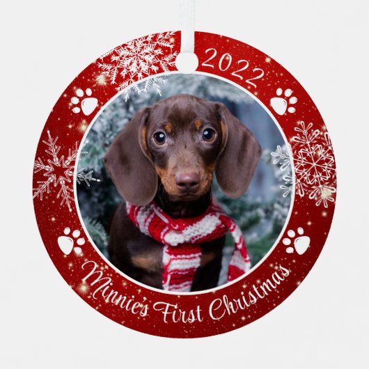 Hund Erste Weihnachtsschneeflocke Foto Red White Ornament Aus Metall (Vorderseite)