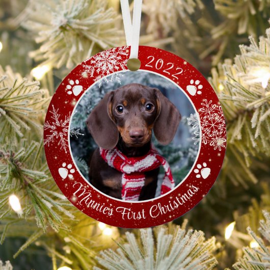Hund Erste Weihnachtsschneeflocke Foto Red White Ornament Aus Metall (InSitu)
