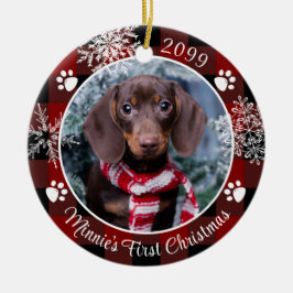 Hund Erste Weihnachtsschneeflocke Foto Rot Kariert Keramik Ornament