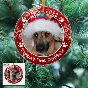 Hund Erste Weihnachtsschneeflocken 2 Foto Rot Keramik Ornament