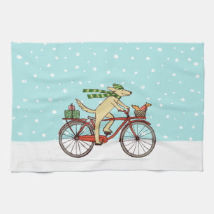 Hund fährt Fahrrad mit Eichhörnchen Weihnachtsfeie Geschirrtuch