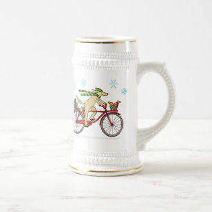 Hund fährt Fahrrad mit niedlichem Eichhörnchen Url Bierglas