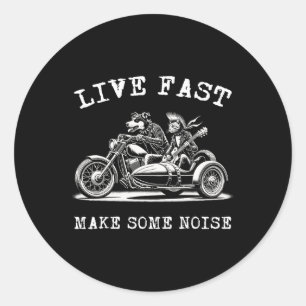 Hund fährt Motorrad und Katze spielt Gitarre Punk Runder Aufkleber