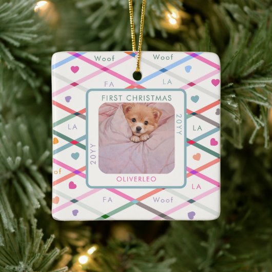 Hund Foto Erste Weihnachtswoof Pastel Muster Keramikornament (Baum)