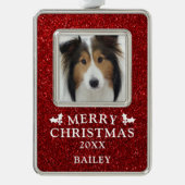 Hund Foto Frohe Weihnachten Roter Glitzer Name Rahmen-Ornament Silber (Vorderseite)