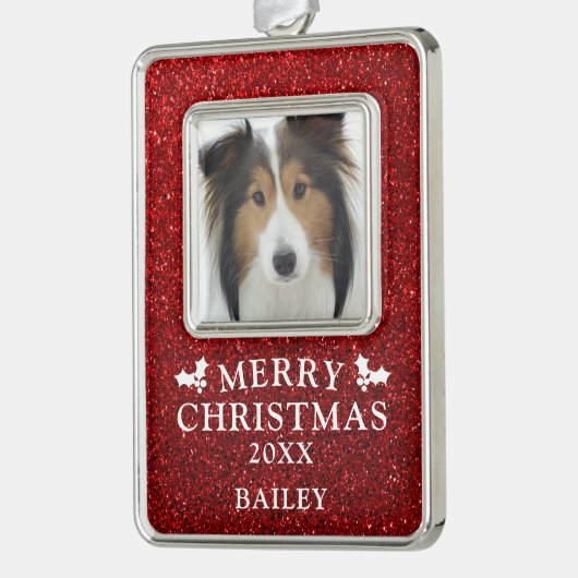 Hund Foto Frohe Weihnachten Roter Glitzer Name Rahmen-Ornament Silber (Links)