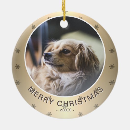 Hund Foto Golden Snowflake Metallische Weihnachten Keramik Ornament (Hinten)