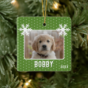 Hund Foto Schneeflocken Grün Hausname Weihnachten Keramikornament