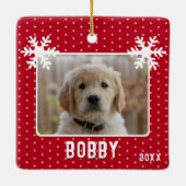 Hund Foto Schneeflocken Roter Hausname Weihnachten Keramikornament (Rückseite)
