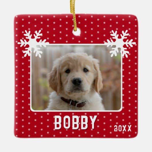 Hund Foto Schneeflocken Roter Hausname Weihnachten Keramikornament (Vorderseite)