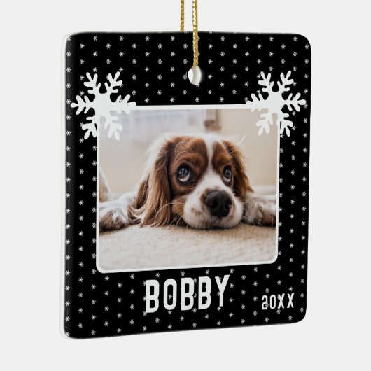 Hund Foto Schneeflocken Schwarzer Hausname Keramikornament (Rechts)