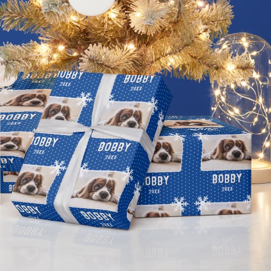 Hund Foto Snowflakes Blue Pet Name Weihnachten Geschenkpapier (Feiertage)