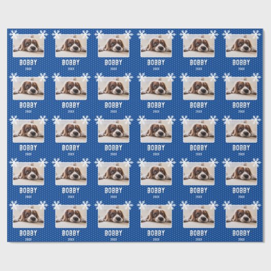 Hund Foto Snowflakes Blue Pet Name Weihnachten Geschenkpapier (Flach)