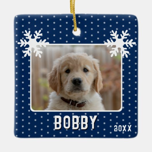 Hund Foto Snowflakes Blue Pet Name Weihnachten Keramikornament (Vorderseite)