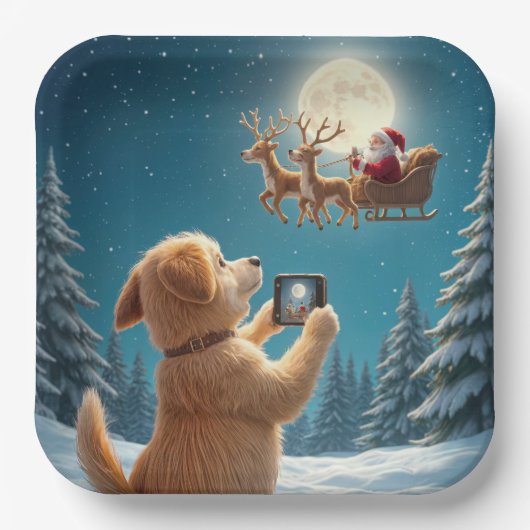 Hund fotografieren den Weihnachtsmann in Sleigh Pappteller (Vorderseite)