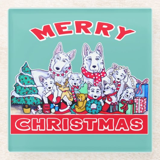 Hund frohe Weihnachten White Shepherd Holiday GSD Glasuntersetzer (Vorderseite)