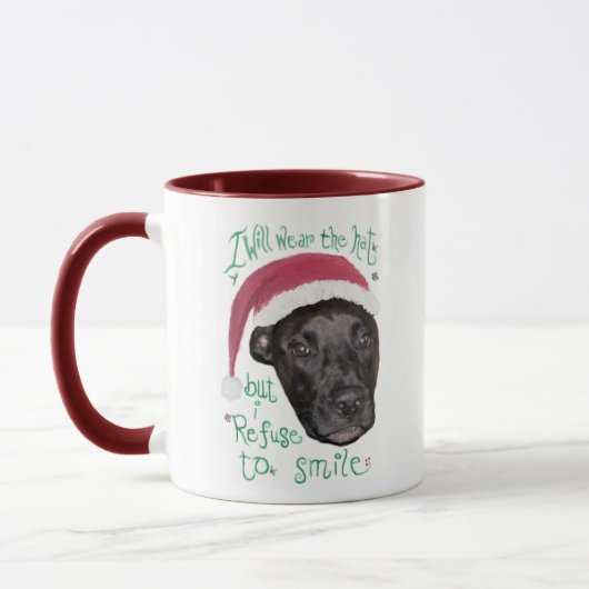 Hund gegen Weihnachtshut Tasse (Links)