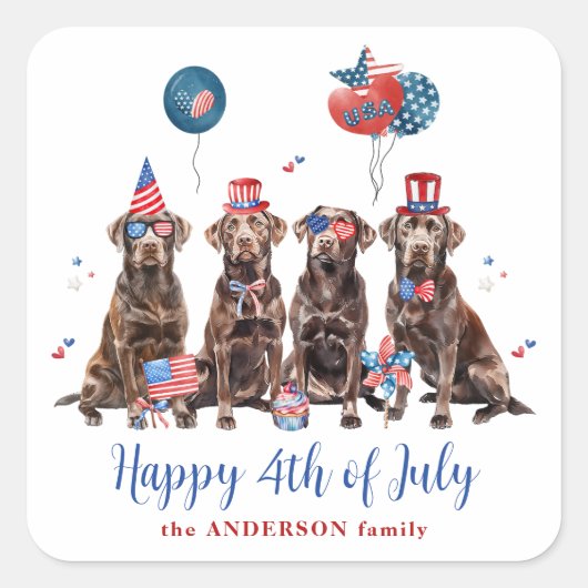 Hund glücklich 4. Juli Patriotic Labrador Retrieve Quadratischer Aufkleber (Vorderseite)
