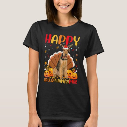 Hund Glücklicher Airedale Terrier Hellothanksmas T-Shirt (Vorderseite)
