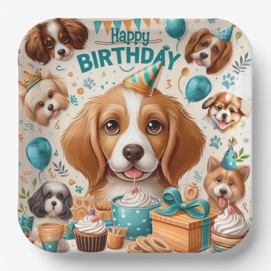 Hund Happy Birthday Tableware Pappteller (Vorderseite)