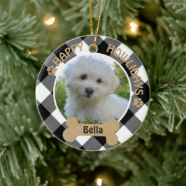 Hund HAPPY HOWLIDAYS 2-seitige 2-Foto Buffalo Karo Keramik Ornament