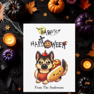 Hund im Hot-Dog-Kostüm Kinder Lustiges Halloween Postkarte