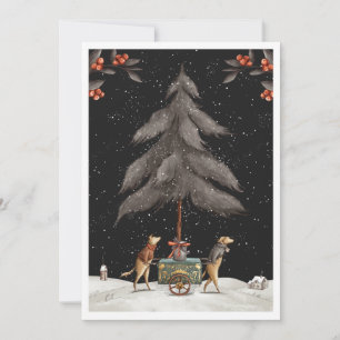 Hund im Vintage-Look bringt den Weihnachtsbaum nac Feiertagskarte